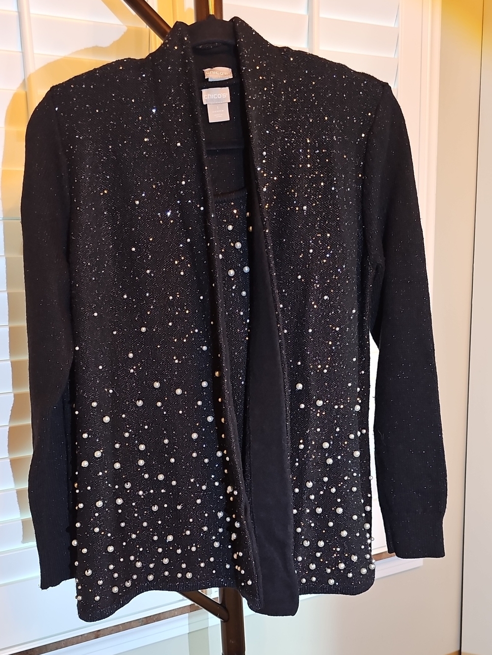 Chico's Black Sequin & Pearl Embellished Open Jacket With Matching Sweater Shell